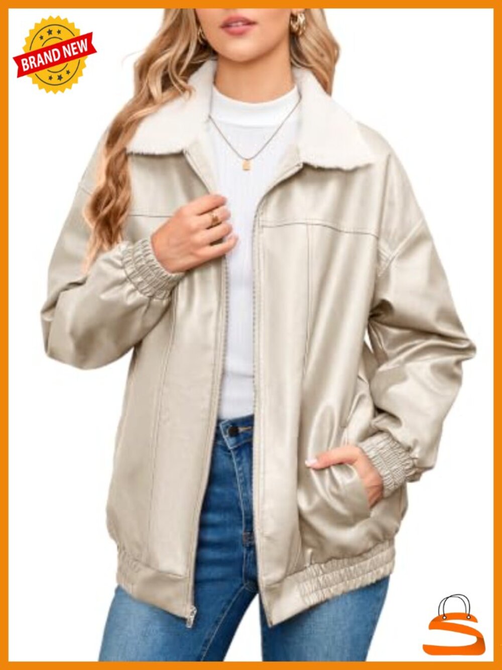 Faux Leather Sherpa Lined Oversized Zip Moto Jacket Warm Winter Coat
